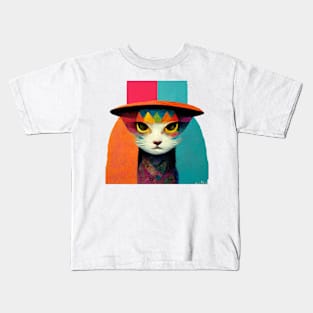 cat wearing a hat with spectacular colors Kids T-Shirt